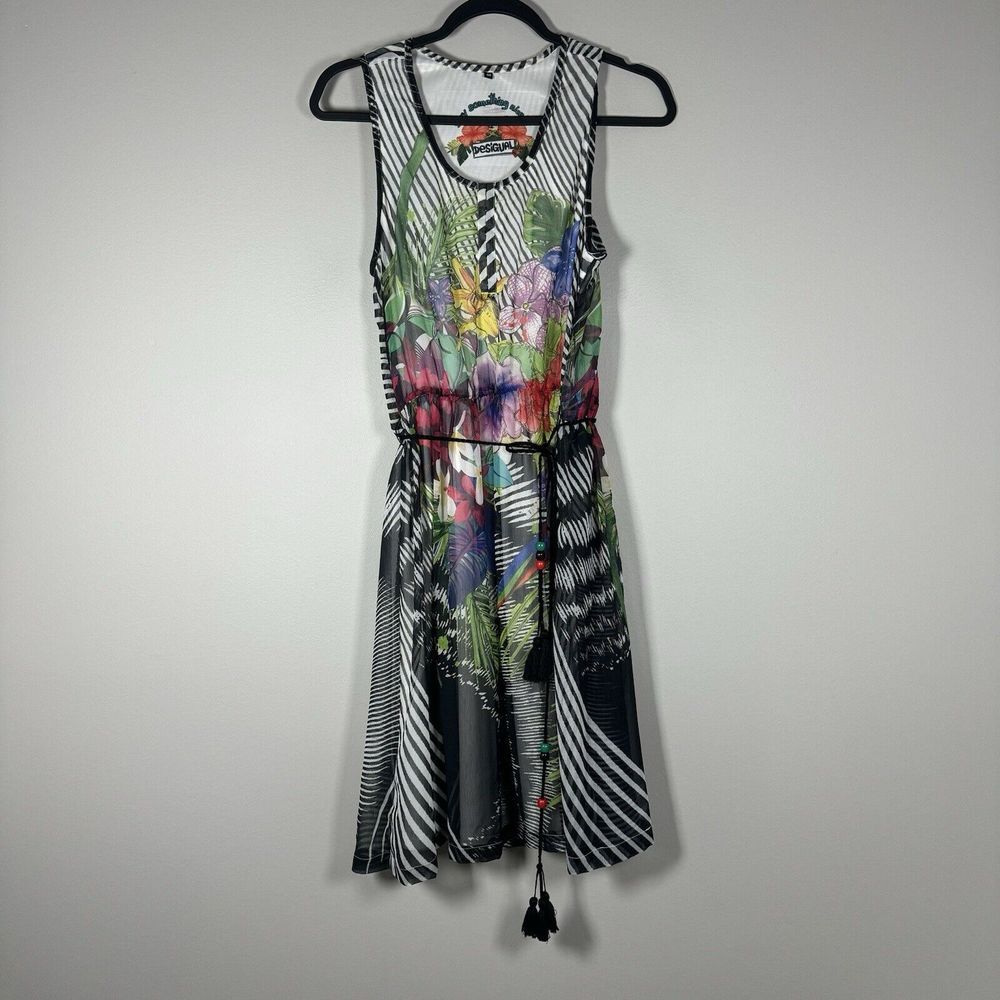 Desigual Size 40 Black White Floral Gusti Sleeveless Belted Knee Length Dress - Picture 1 of 10